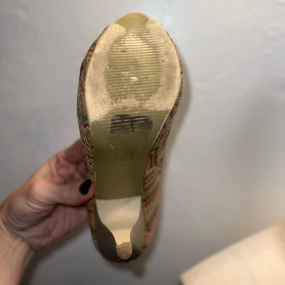 Italian Henry Ferrera Tan Y2K Peep Toe Wicker Wood Heels Stiletto Pumps 8 Italy - Picture 16 of 16